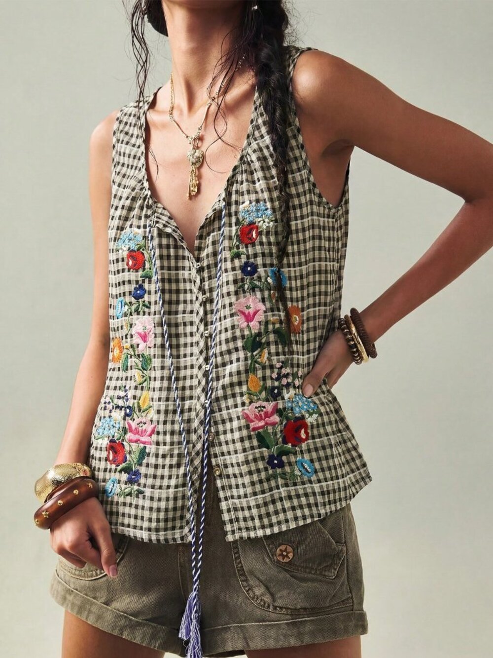 Boho Women's Gingham Embroidered Sleeveless Square Neck Tassel Front Blouse - Picture 4 of 8